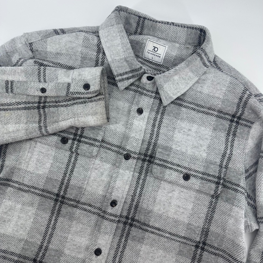 7Diamonds Shirt Mens Large Grey Plaid Knit Flannel‎ Shacket Button Down L/S